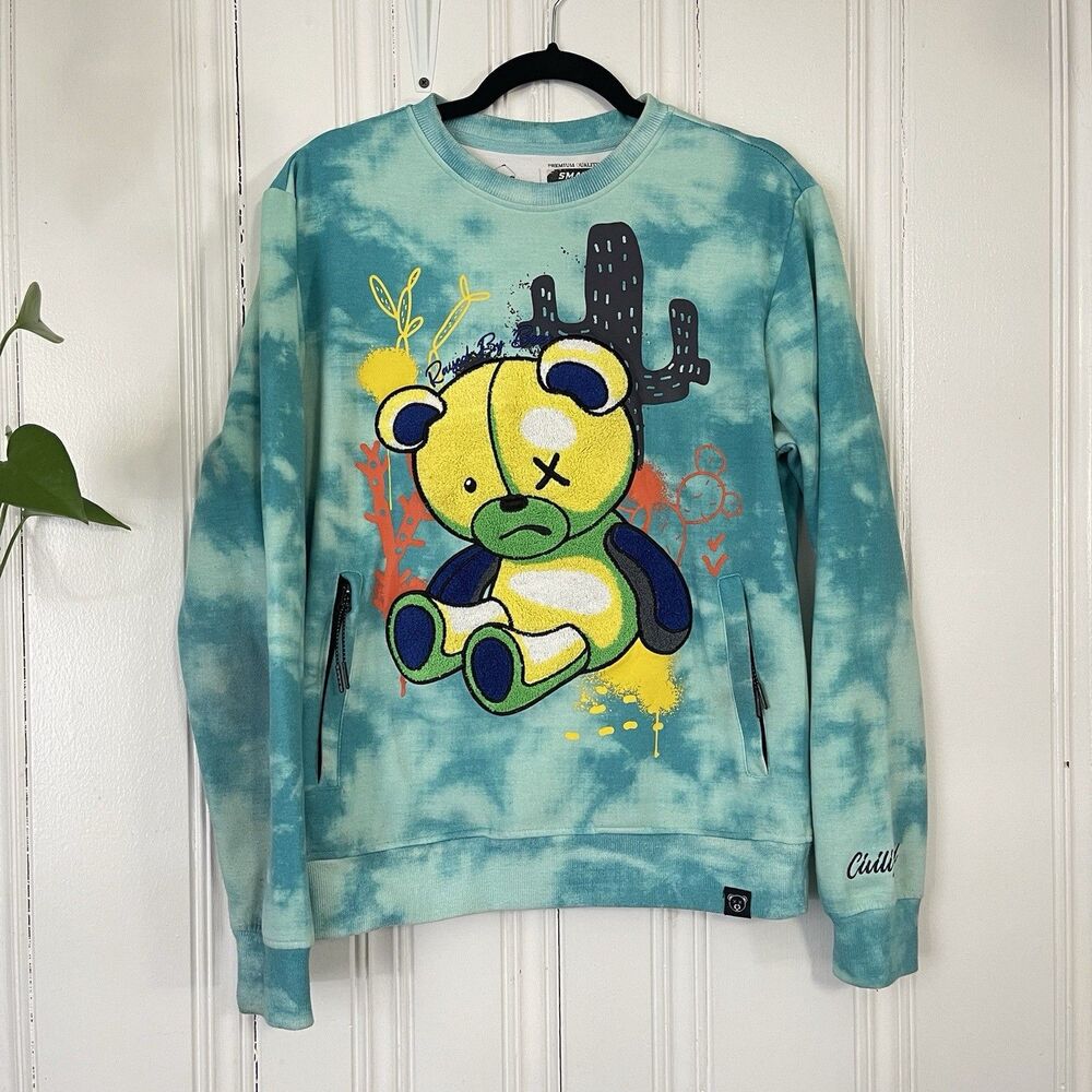 Civilized Men Tie Dye Teal Blue Embroidered Teddy Bear Graphic Sweatshirt Small